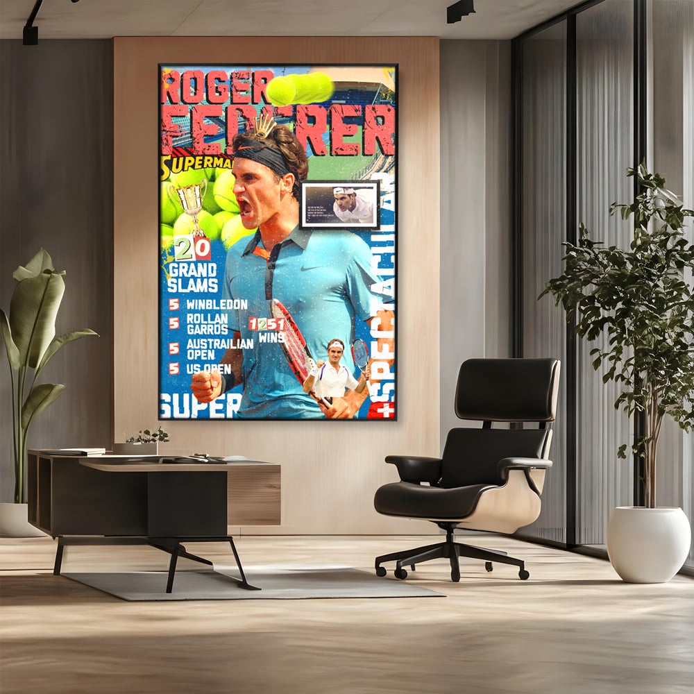 Tablou canvas cu tablou canvas cu roger federer si racheta de tenis, in rama de aluminiu negru, pe perete intr-un birou